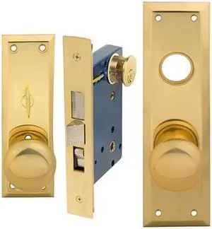 Em-D-Kay (Marks 91A/3-X Like) 5100XR, Polished Brass, Right Hand, Wide Face Plate, Heavy Duty Mortise Entry Lockset, Surface Mounted Screw-on Knobs Lock Set