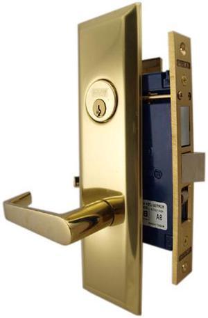 Marks Metro 116A/3, Polished Brass Left Hand Entrance Angled Lever Escutcheon Plate Mortise Entry Lockset, Screwless Angled Lever Thru-Bolted Lock Set