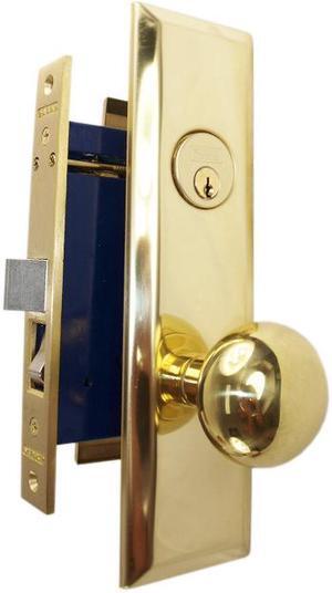 Marks New Yorker 9NY10D/3, Polished Brass Right Hand Mortise Lock Knob, Office Vestibule, Classroom, Latch and Rocker (No Bolt) Lockset, Screwless Knobs Thru Bolted Lock Set
