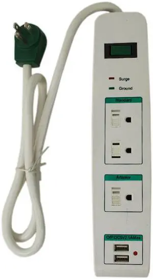 Go Green Power GG-13103USB 3 Outlet Surge Protector with 2 USB Ports and 3' Foot Extension Cord Features Child Outlet Safety Covers