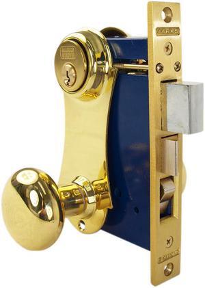 Marks 21AC/3-W-LHR Polished Brass US3 Left Hand Reverse (Out-Swinging Door) Ornamental Unilock Knob/Plate Mortise Entry Lockset Iron Gate Door Double Cylinder Lock Set