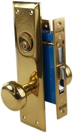 Maxtech (Like Marks 91A/3) 1033AL Polished Brass Left Hand Heavy Duty Mortise Entry Lockset, Surface Mounted Screw-on Knobs Lock Set