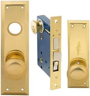 Maxtech (Like Marks 91A/3-X) 1033AXL, Polished Brass, Wide Face Plate, Left Hand, Heavy Duty Mortise Entry Lockset, Surface Mounted Screw-on Knobs Lock Set