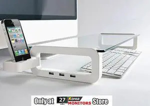 UBOARD SMART - Tempered Glass Monitor Stand Shelf USB Multiboard for your iMac and iPhone (Built-in 3 Port USB 2.0 Hub) - White Color