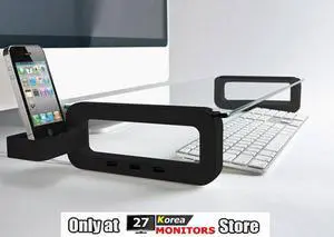 UBOARD SMART - Tempered Glass Monitor Stand Shelf USB Multiboard for your iMac and iPhone (Built-in 3 Port USB 2.0 Hub) - Black Color