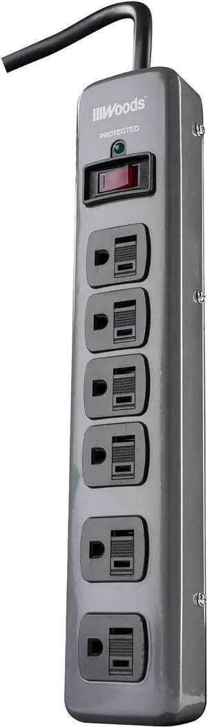 Woods 41546 Metal Surge Protector with 6 Outlets Lighted Circuit Breaker Switch and 3 Cord for 900J of Protection, One Size, Black