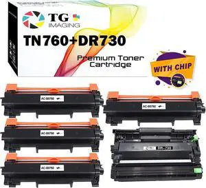 TG Imaging Compatible DR730 Drum Unit and TN760 Toner Cartridge Replacement for Brother TN-760 TN730 MFC-L2710DW MFC-L2350DW DCP-L2550D MFC-L2750DW HL-L2370DW Printer (4 Toners 1 Drum, Total 5 Pack)