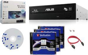 Asus 16X BW-16D1HT Internal Blu-ray Burner Drive Bundle with 3 Pack M-DISC BD and Cable Accessories (Supports BDXL and M-Disc, Retail Box)
