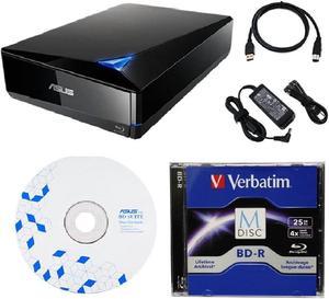 Asus BW-16D1X-U 16x External Blu-ray Drive Bundle with 25GB Verbatim M-DISC BD-R, BD Suite Disc, USB 3.0, and Power Adapter