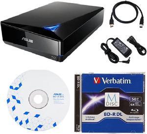 Asus BW-16D1X-U 16x External Blu-ray Drive Bundle with 50GB Verbatim M-DISC BD-R DL, BD Suite Disc, USB 3.0, and Power Adapter