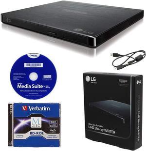LG BP60NB10 Portable 6X Ultra HD 4K Blu-ray Burner External Drive with CyberLink Software, 50GB M-DISC BD-R DL, and USB Cable - Burns CD DVD BD DL BDXL Discs