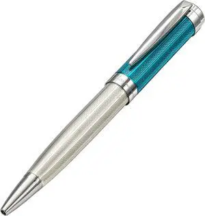 Xezo Incognito Twist-Action Ballpoint Pen, Solid 925 Sterling Silver with Azure Blue Lacquered Cap. 999 Platinum Plating, Weighty & Diamond-Cut Engraved - OEM
