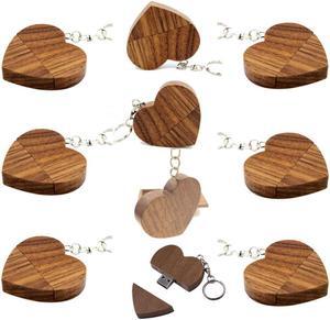 10 PCS USB Memory Stick 16GB Wooden Heart Shaped USB Flash Drive with Keychain (Walnut)