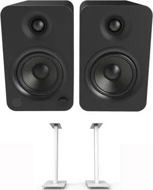 Kanto YU4MB 140W Bookshelf Speakers with Bluetooth - Matte Black (Pair) with Kanto SP26PLW 26" Fixed-Height Stands for Bookshelf Speakers - White (Pair) (2022)