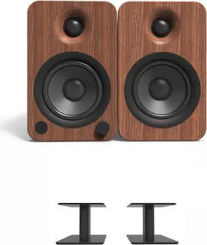 Kanto YU4WALNUT 140W Bookshelf Speakers with Bluetooth - Walnut (Pair) with Kanto SP6HD 6" Fixed-Height Desktop Stands for Bookshelf Speakers - Black (Pair) (2022)