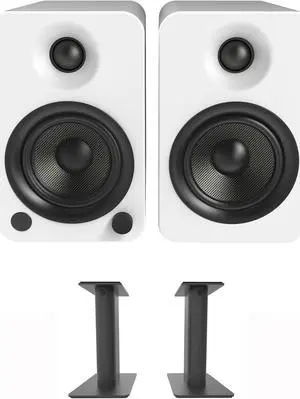 Kanto YU4MW 140W Bookshelf Speakers with Bluetooth - Matte White (Pair) with Kanto SP9 9" Fixed-Height Desktop Stands for Bookshelf Speakers - Black (Pair) (2022)