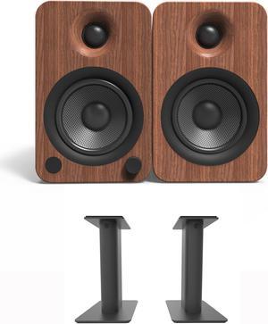 Kanto YU4WALNUT 140W Bookshelf Speakers with Bluetooth - Walnut (Pair) with Kanto SP9 9" Fixed-Height Desktop Stands for Bookshelf Speakers - Black (Pair) (2022)