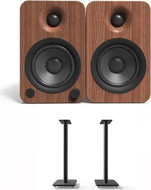 Kanto YU4WALNUT 140W Bookshelf Speakers with Bluetooth - Walnut (Pair) with Kanto SP26PL 26" Fixed-Height Stands for Bookshelf Speakers - Black (Pair) (2022)