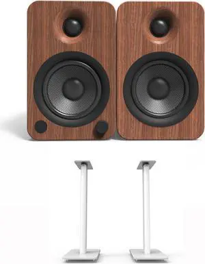 Kanto YU4WALNUT 140W Bookshelf Speakers with Bluetooth - Walnut (Pair) with Kanto SP26PLW 26" Fixed-Height Stands for Bookshelf Speakers - White (Pair) (2022)