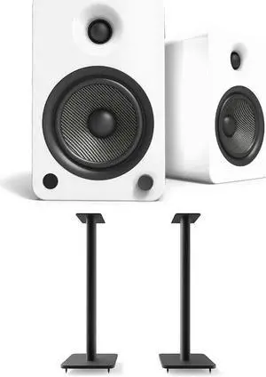 Kanto YU6MW 200W Bookshelf Speakers with Bluetooth - Matte White (Pair) with Kanto SP26PL 26" Fixed-Height Stands for Bookshelf Speakers - Black (Pair) (2022)