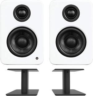 Kanto YU2MW 100W Bookshelf Computer Gaming Speakers - Matte White (Pair) with Kanto SP6HD 6" Fixed-Height Desktop Stands for Bookshelf Speakers - Black (Pair) (2022)