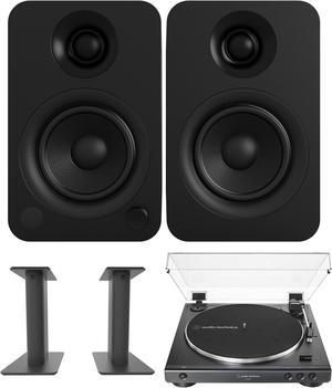 Kanto YU 140W Powered Bookshelf Speakers with Bluetooth, Kanto SP9 9 Inch Desktop Stands for Bookshelf Speakers, and AudioTechnica AT-LP60X-BK Fully Automatic 2-Speed Belt-Drive Turntable (2022)