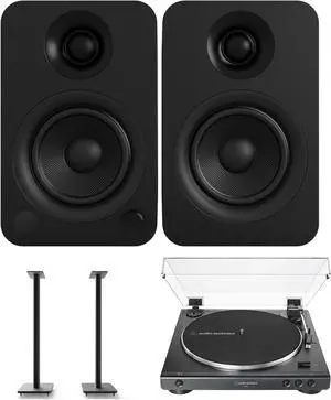 Kanto YU 140W Powered Bookshelf Speakers with Bluetooth, Kanto SP32PL 32 Inch Stands for Bookshelf Speakers, and AudioTechnica AT-LP60X-BK Fully Automatic 2-Speed Belt-Drive Turntable (2022)