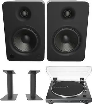 Kanto YU6MB 200W Bookshelf Speakers with Bluetooth, Kanto SP9 9 Inch Desktop Stands for Bookshelf Speakers, and AudioTechnica AT-LP60X-BK Fully Automatic 2-Speed Belt-Drive Turntable (2022)