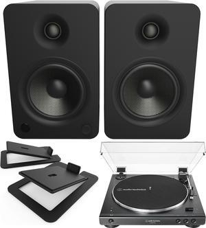 Kanto YU6MB 200W Bookshelf Speakers with Bluetooth with Kanto S6 Angled Desktop Speaker Stands for Large Speakers and an Audio Technica AT-LP60XBT-USB-BK Full Automatic Belt Drive Turntable (2022)