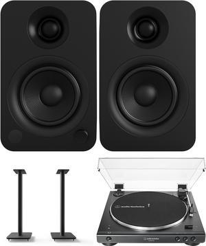 Kanto YU 140W Powered Bookshelf Speakers with Bluetooth with Kanto SP26PL 26 Inch Fixed-Height Stands for Bookshelf Speakers and an AT-LP60XBT-USB-BK Full Automatic Belt Drive Turntable (2022)