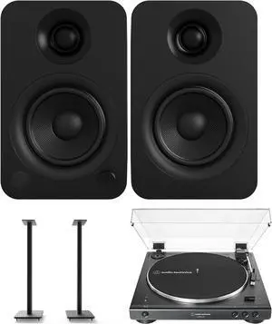 Kanto YU 140W Powered Bookshelf Speakers with Bluetooth with Kanto SP32PL 32 Inch Fixed-Height Stands for Bookshelf Speakers and an AT-LP60XBT-USB-BK Full Automatic Belt Drive Turntable (2022)