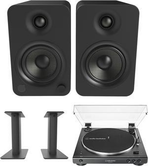 Kanto YU4MB 140W Bookshelf Speakers with Bluetooth with Kanto SP9 9 Inch Fixed-Height Desktop Stands for Bookshelf Speakers and an AT-LP60XBT-USB-BK Full Automatic Belt Drive Turntable (2022)