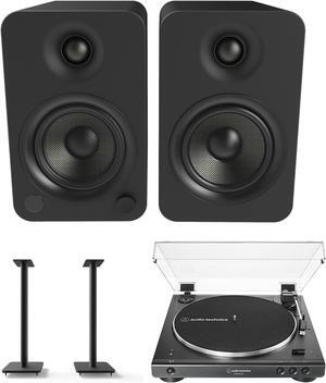 Kanto YU4MB 140W Bookshelf Speakers with Bluetooth with Kanto SP26PL 26 Inch Fixed-Height Stands for Bookshelf Speakers and an AT-LP60XBT-USB-BK Full Automatic Belt Drive Turntable (2022)