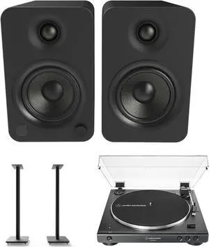 Kanto YU4MB 140W Bookshelf Speakers with Bluetooth with Kanto SP32PL 32 Inch Fixed-Height Stands for Bookshelf Speakers and an AT-LP60XBT-USB-BK Full Automatic Belt Drive Turntable (2022)