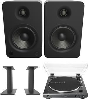 Kanto YU6MB 200W Bookshelf Speakers with Bluetooth with Kanto SP9 9 Inch Fixed-Height Desktop Stands for Bookshelf Speakers and an AT-LP60XBT-USB-BK Full Automatic Belt Drive Turntable (2022)