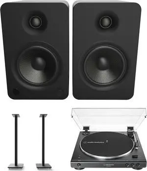 Kanto YU6MB 200W Bookshelf Speakers with Bluetooth with Kanto SP32PL 32 Inch Fixed-Height Stands for Bookshelf Speakers and an AT-LP60XBT-USB-BK Full Automatic Belt Drive Turntable (2022)