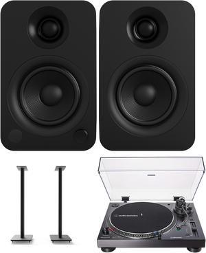 Kanto YU 140W Powered Bookshelf Speakers with Bluetooth with Kanto SP32PL 32 Inch Fixed-Height Stands for Bookshelf Speakers and an AT-LP120XUSB-BK Direct-Drive 3-Speed Manual USB Turntable (2022)