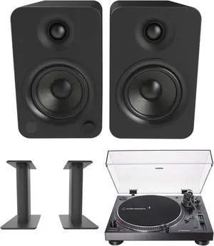 Kanto YU4MB 140W Bookshelf Speakers with Bluetooth with Kanto SP9 9 Inch Fixed-Height Desktop Stands for Bookshelf Speakers and an AT-LP120XUSB-BK Direct-Drive 3-Speed Manual USB Turntable (2022)
