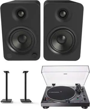 Kanto YU4MB 140W Bookshelf Speakers with Bluetooth with Kanto SP26PL 26 Inch Fixed-Height Stands for Bookshelf Speakers and an AT-LP120XUSB-BK Direct-Drive 3-Speed Manual USB Turntable (2022)