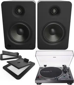 Kanto YU6MB 200W Bookshelf Speakers with Bluetooth with Kanto S6 Angled Desktop Speaker Stands for Large Speakers and an AT-LP120XUSB-BK Direct-Drive 3-Speed Manual USB Turntable (2022)