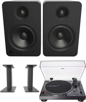 Kanto YU6MB 200W Bookshelf Speakers with Bluetooth with Kanto SP9 9 Inch Fixed-Height Desktop Stands for Bookshelf Speakers and an AT-LP120XUSB-BK Direct-Drive 3-Speed Manual USB Turntable (2022)