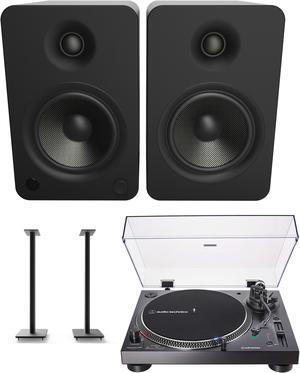 Kanto YU6MB 200W Bookshelf Speakers with Bluetooth with Kanto SP26PL 26 Inch Fixed-Height Stands for Bookshelf Speakers and an AT-LP120XUSB-BK Direct-Drive 3-Speed Manual USB Turntable (2022)