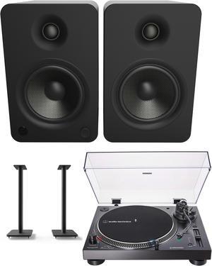 Kanto YU6MB 200W Bookshelf Speakers with Bluetooth with Kanto SP32PL 32 Inch Fixed-Height Stands for Bookshelf Speakers and an AT-LP120XUSB-BK Direct-Drive 3-Speed Manual USB Turntable (2022)