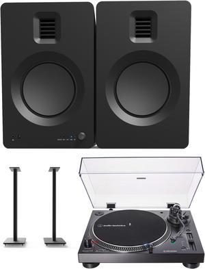 Kanto TUKMB Bookshelf Speakers with 5.25 Inch Aluminum Drivers with Kanto SP32PL 32 Inch Fixed-Height Stands for Bookshelf Speakers and AT-LP120XUSB-BK Direct-Drive 3-Speed Manual USB Turntable (2019)