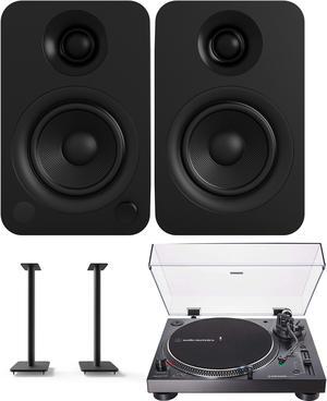Kanto YU 140W Powered Bookshelf Speakers with Bluetooth with Kanto SP26PL 26 Inch Fixed-Height Stands for Bookshelf Speakers and an AT-LP120XBT-USB-BK Black Direct Turntable (2022)