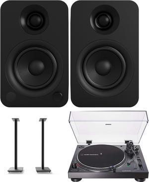 Kanto YU 140W Powered Bookshelf Speakers with Bluetooth with Kanto SP32PL 32 Inch Fixed-Height Stands for Bookshelf Speakers and an AT-LP120XBT-USB-BK Black Direct Turntable (2022)