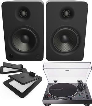 Kanto YU6MB 200W Bookshelf Speakers with Bluetooth with Kanto S6 Angled Desktop Speaker Stands for Large Speakers and an AT-LP120XBT-USB-BK Black Direct Turntable (2022)