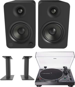 Kanto YU4MB 140W Bookshelf Speakers with Bluetooth with Kanto SP9 9 Inch Fixed-Height Desktop Stands for Bookshelf Speakers and an AT-LP120XBT-USB-BK Black Direct Turntable (2022)