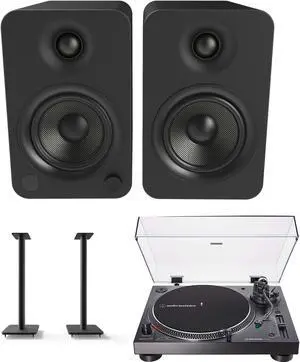 Kanto YU4MB 140W Bookshelf Speakers with Bluetooth with Kanto SP26PL 26 Inch Fixed-Height Stands for Bookshelf Speakers and an AT-LP120XBT-USB-BK Black Direct Turntable (2022)
