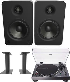 Kanto YU6MB 200W Bookshelf Speakers with Bluetooth with Kanto SP9 9 Inch Fixed-Height Desktop Stands for Bookshelf Speakers and an AT-LP120XBT-USB-BK Black Direct Turntable (2022)